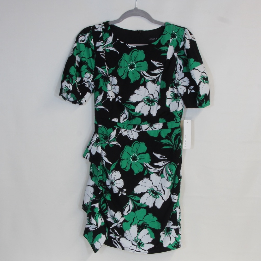Stella & Julie Womens Short Sleeve Black Green Floral Print Slimming Mini Dress